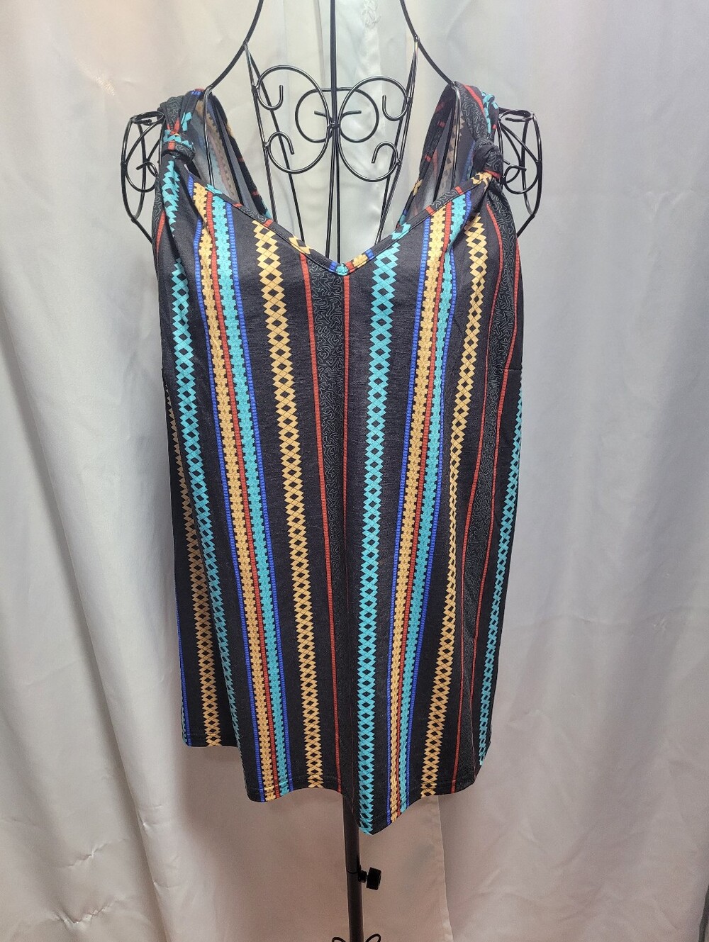 Amazon Striped V-Neck Spaghetti Strap Tank Top - Black with Aqua, Gold & Red